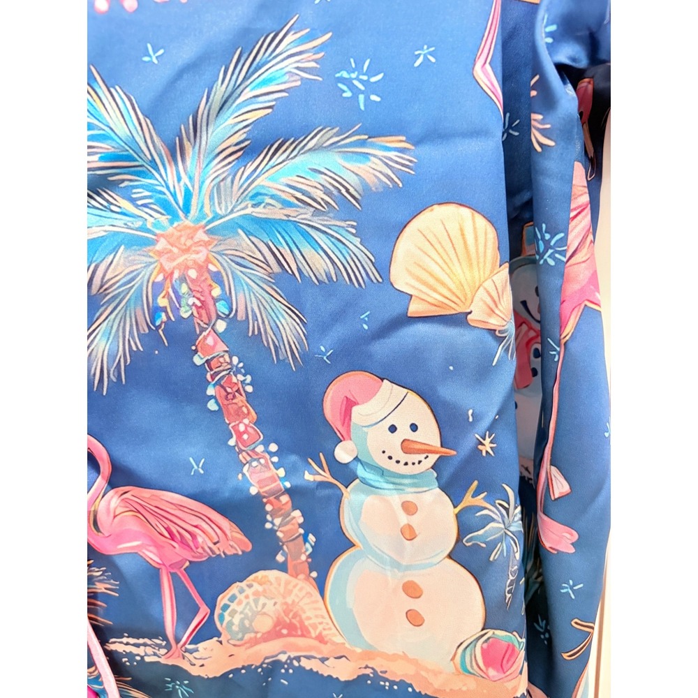 Tropical Christmas Satin Button Down Women XL Blue Flamingo Snowman Beachy - Picture 4 of 6